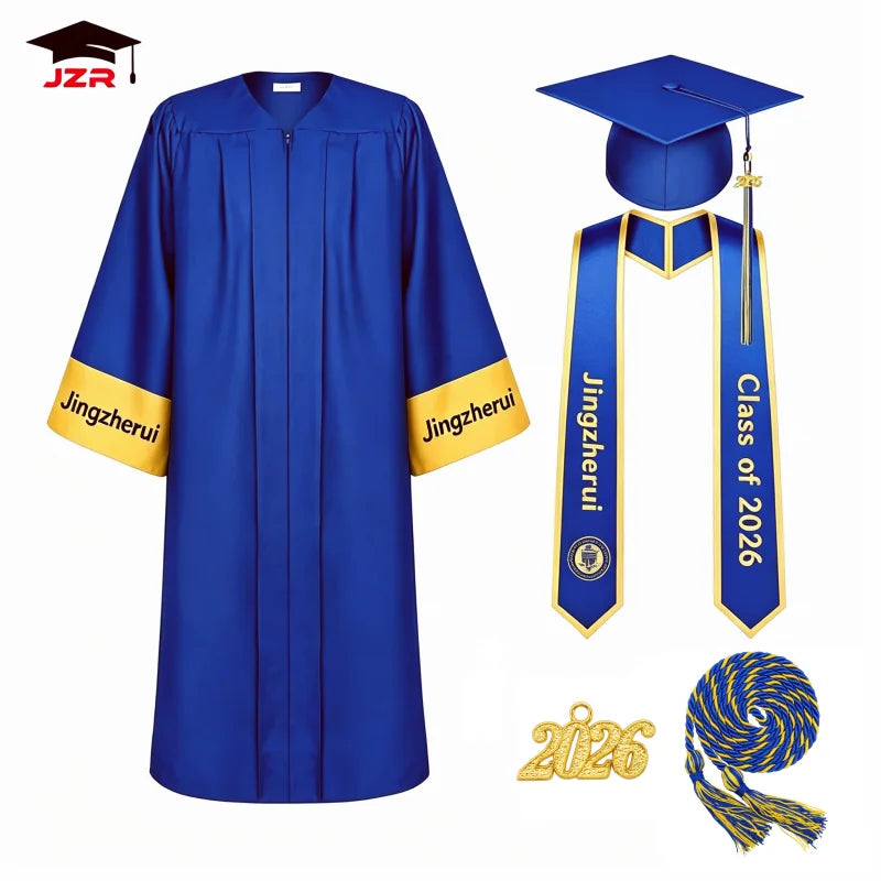 Adult Royal Blue Graduation Gown Set with Gold Stripes Sleeve and Printed Stole & Honor Cord