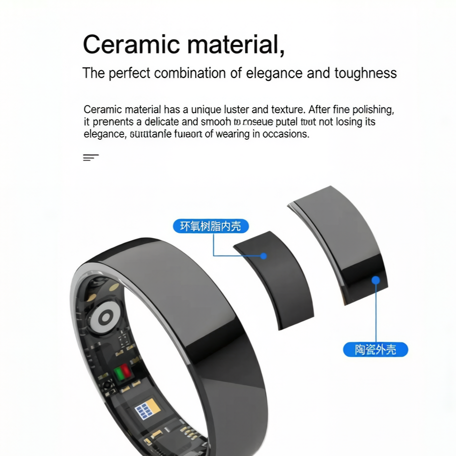 💍 Gloss Ceramic Smart Health Ring, 5ATM Waterproof Wellness Tracker, 24H Heart Rate SpO2 Sleep Stress Monitor, Multi-Sport Fitness Ring for Men Women