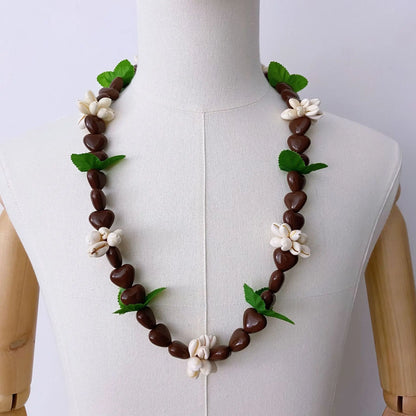 Hawaiian Black Kukui Nut Inspired Lei Acrylic Flower Heart Shell Beads Lei Adjustable Graduation Party Favor