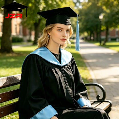 New Model University Bachelor Graduation Gown, Satin Spliced Hood Academic Robe Wholesale