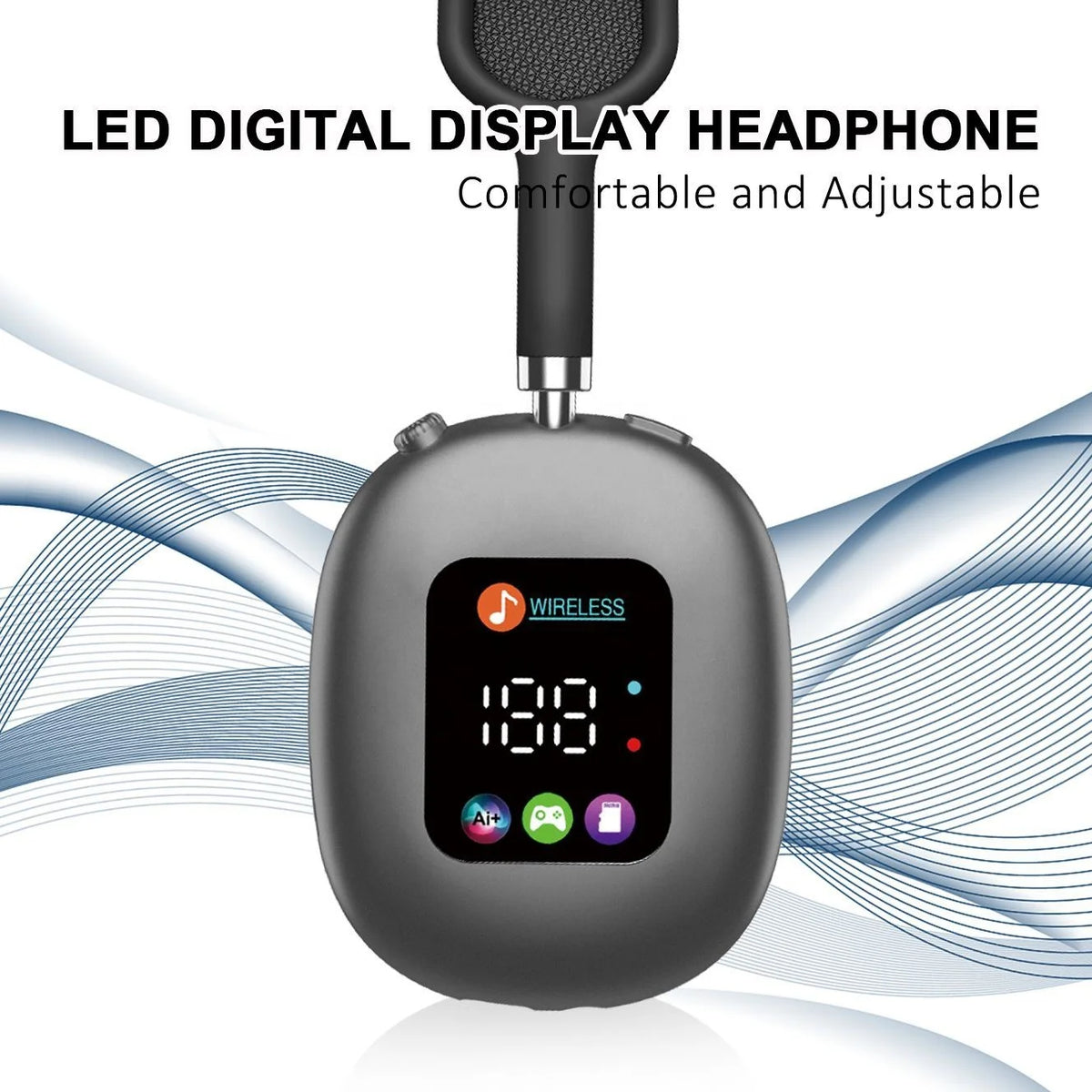 AKZ MAX600 Wireless 5.3 Headphones RGB Digital Display Over-Ear Headset with Microphone Support TF Card Reader for Mobile Phone