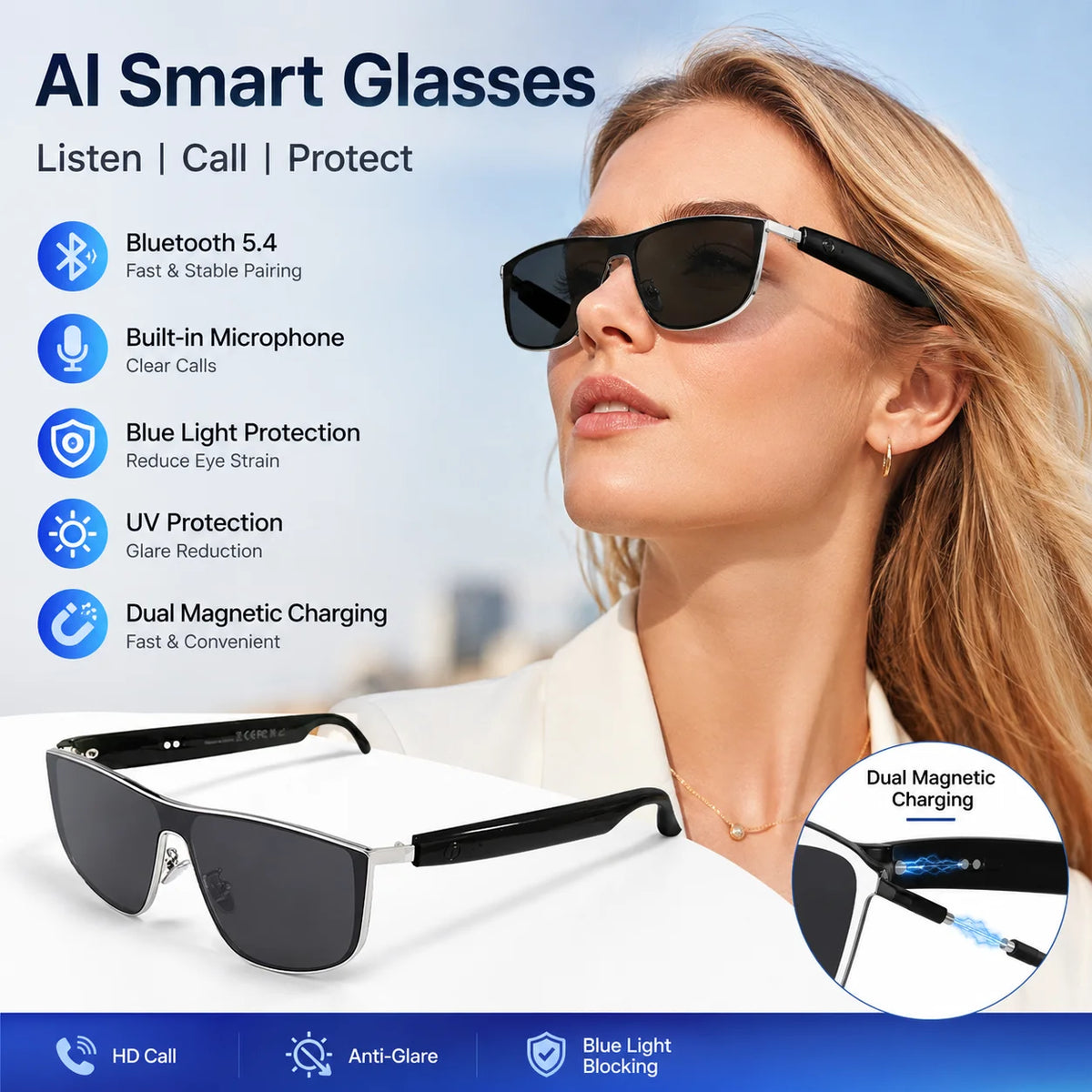 M10 Polarized UV Protection AI Smart Glasses for Bluetooth Sunglasses Blue Light Blocking Music Listening Calling Magnetic