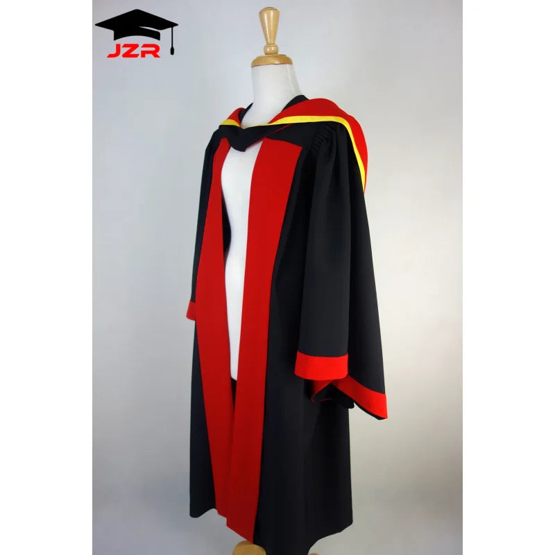 Factory Wholesale Doctoral Masters Graduation Gown with Customized Red and Gold Hood Set