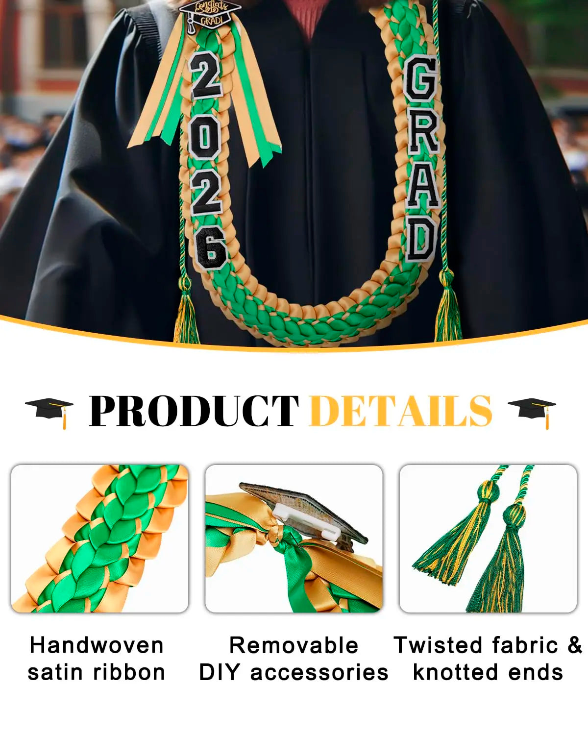 Green and Gold School Color Graduation Leis 2026 Woven Satin Ribbon Collar Decor for Graduation Ceremony