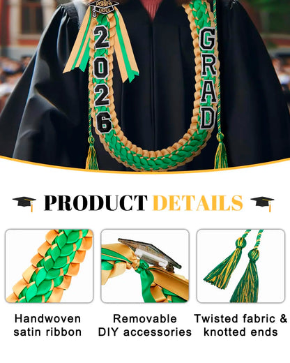Green and Gold School Color Graduation Leis 2026 Woven Satin Ribbon Collar Decor for Graduation Ceremony