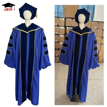 Wholesale Deluxe PhD Graduation Gown With Gold Piping Graduation Toga Customized Doctoral Graduation Gown Set for Ceremony