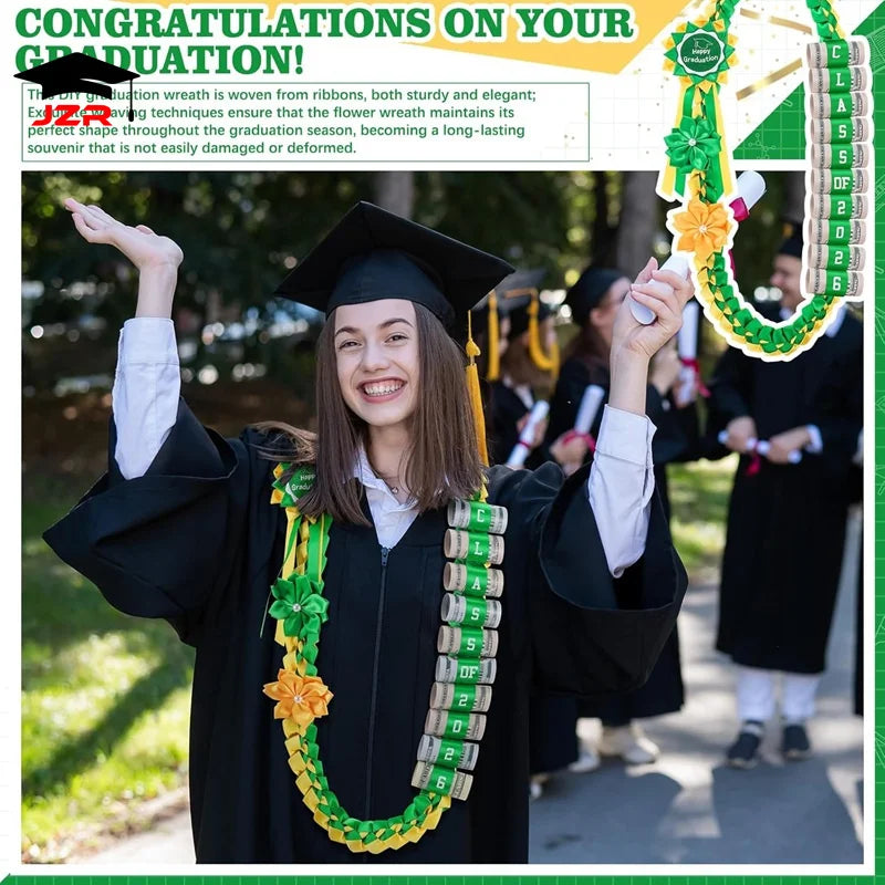 Newest Graduation Gifts Multicolored Polyester Ribbon Lei Hand Woven Braided Graduate Ribbon Leis Flower Necklace Sets
