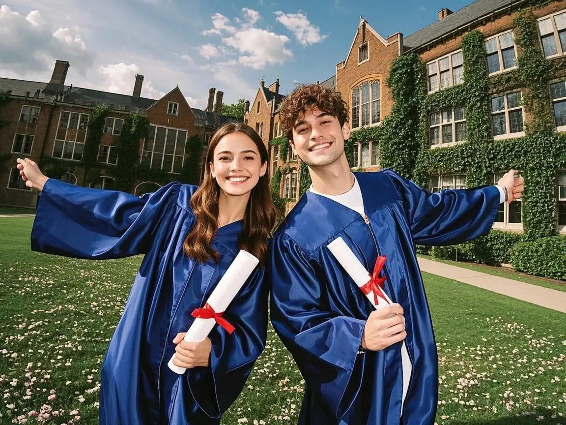 High Quality Royal Blue Shiny Graduation Gown Cap With Tassel Graduation Toga