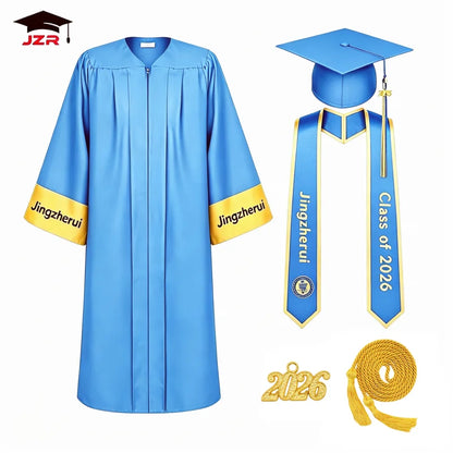 Navy Blue Graduation Uniform Full Set - Gown, Cap, Printed Stole & Honor Rope Included
