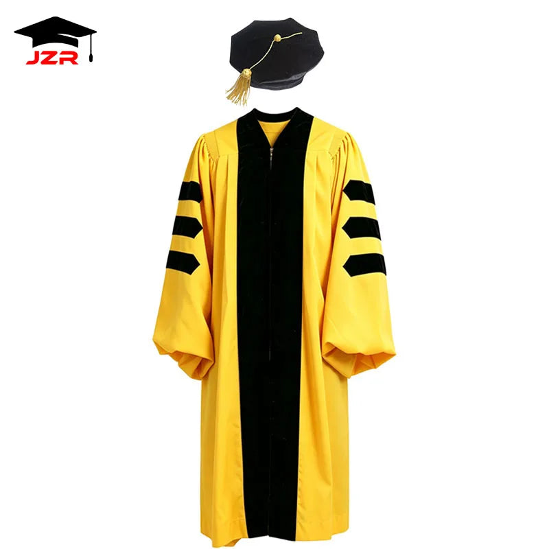 Wholesale Deluxe Hot Sale Yellow Doctoral Graduation Robes PhD Graduation Gown and Tam