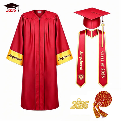 Adult Royal Blue Graduation Gown Set with Gold Stripes Sleeve and Printed Stole & Honor Cord