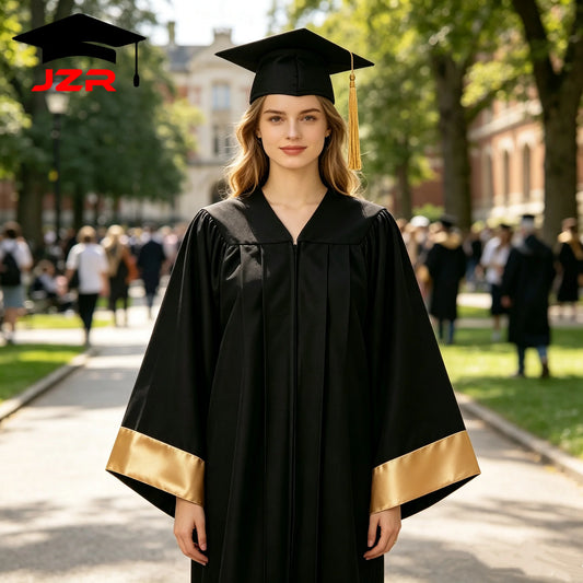 Factory Direct New Bachelor Graduation Gown, Satin Spliced Trim Hood Academic Robe