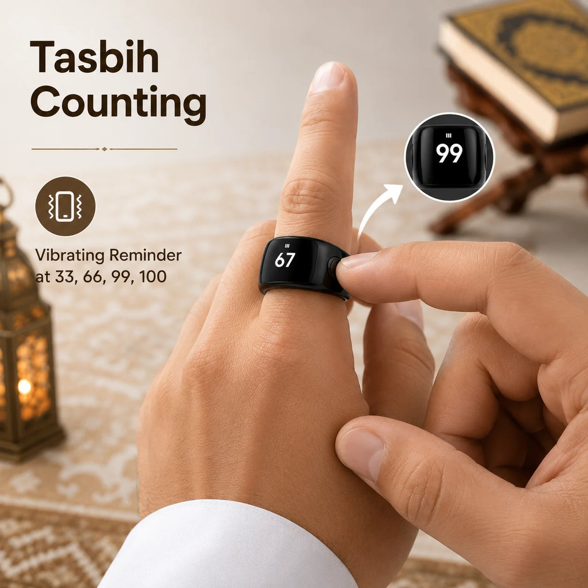 Premium Ceramic Smart Zikr Ring Tasbih Counter OLED Display Prayer Time Reminder Digital Islamic Ring for Muslim Wholesale