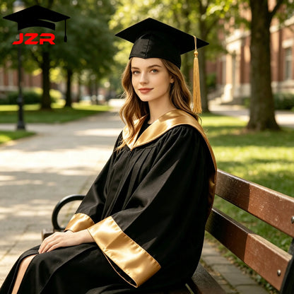 Factory Direct New Bachelor Graduation Gown, Satin Spliced Trim Hood Academic Robe