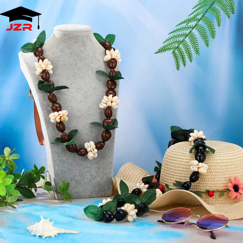 Hawaiian Black Kukui Nut Inspired Lei Acrylic Flower Heart Shell Beads Lei Adjustable Graduation Party Favor