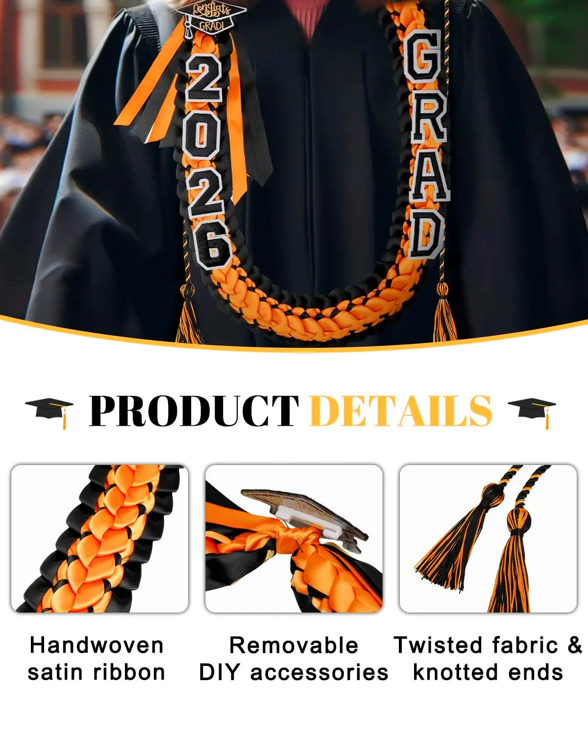 2026 Double Layer Woven Graduation Leis 120CM Satin Ribbon Honor Cord Necklace Grad Ceremony Party Decor