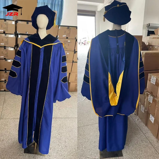 Wholesale Deluxe PhD Graduation Gown With Gold Piping Graduation Toga Customized Doctoral Graduation Gown Set for Ceremony