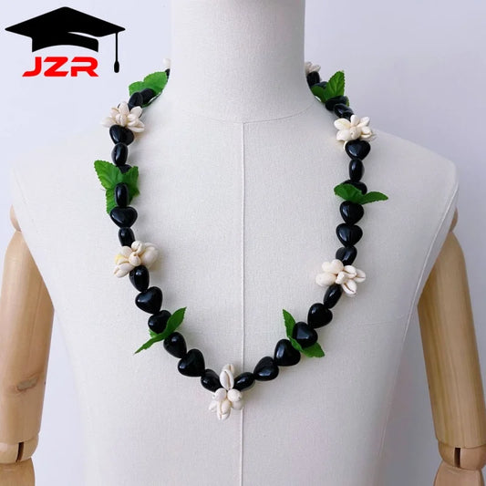 Hawaiian Black Kukui Nut Inspired Lei Acrylic Flower Heart Shell Beads Lei Adjustable Graduation Party Favor