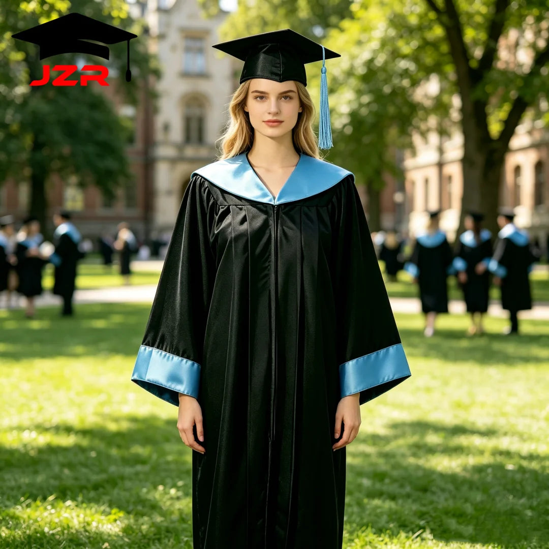 New Model University Bachelor Graduation Gown, Satin Spliced Hood Academic Robe Wholesale