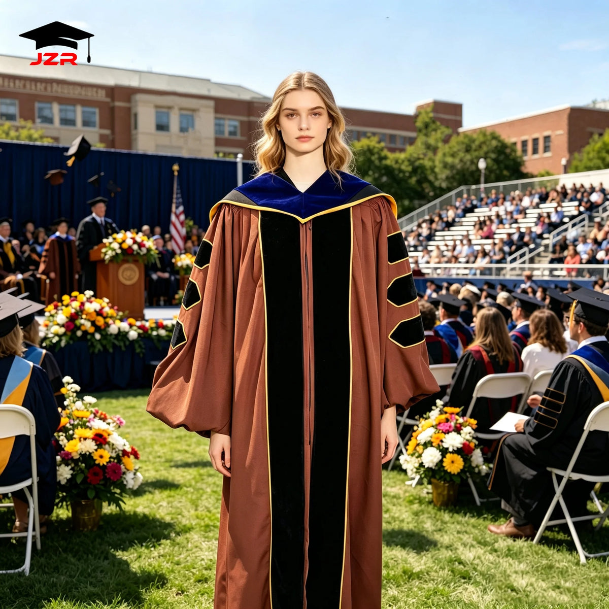 Matte Doctoral Graduation Gowns Robes Brown Color PhD Graduation Gown School Use Custom Logo Color Style