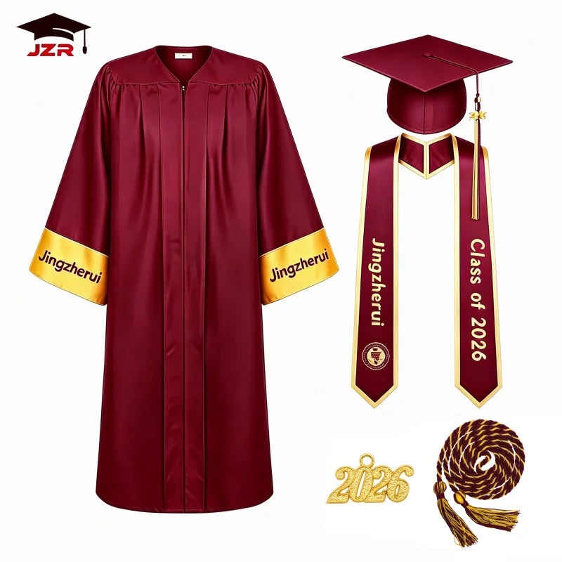 Fashion Adult Graduation Gown with Gold Sleeve Stripes + Printed Stole & Honor Cord