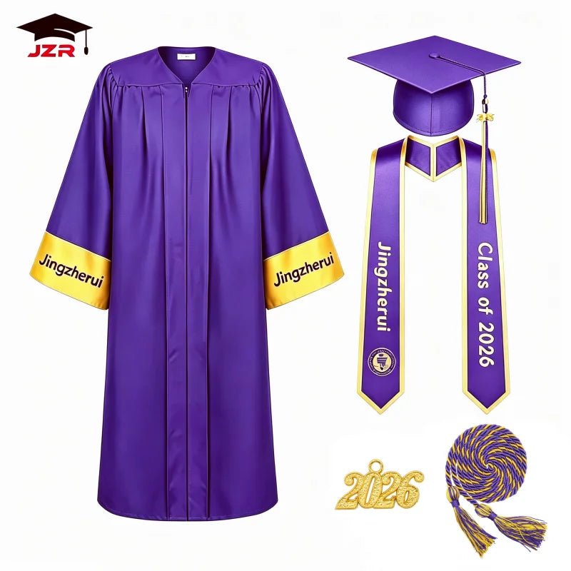 Navy Blue Graduation Uniform Full Set - Gown, Cap, Printed Stole & Honor Rope Included