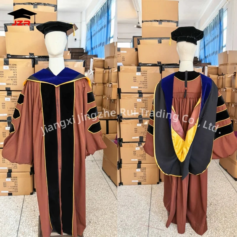 Matte Doctoral Graduation Gowns Robes Brown Color PhD Graduation Gown School Use Custom Logo Color Style