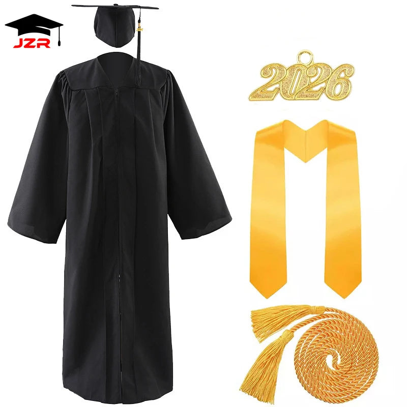 Factory Wholesale 2026 Black Adult Graduation Gown Adult Classic Cap and Gown With Graduation Tassels Customized Stole