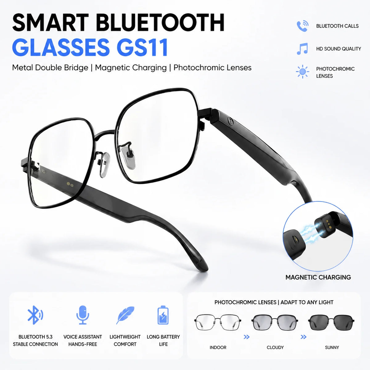 GS11 AI Smart Glasses Bluetooth 5.4 Open Ear Audio Headset Photochromic Lenses Touch Control Wireless AI Eyewear