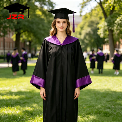 Wholesale New Bachelor Academic Gown, Satin Spliced Trim Hood for Graduation Ceremony