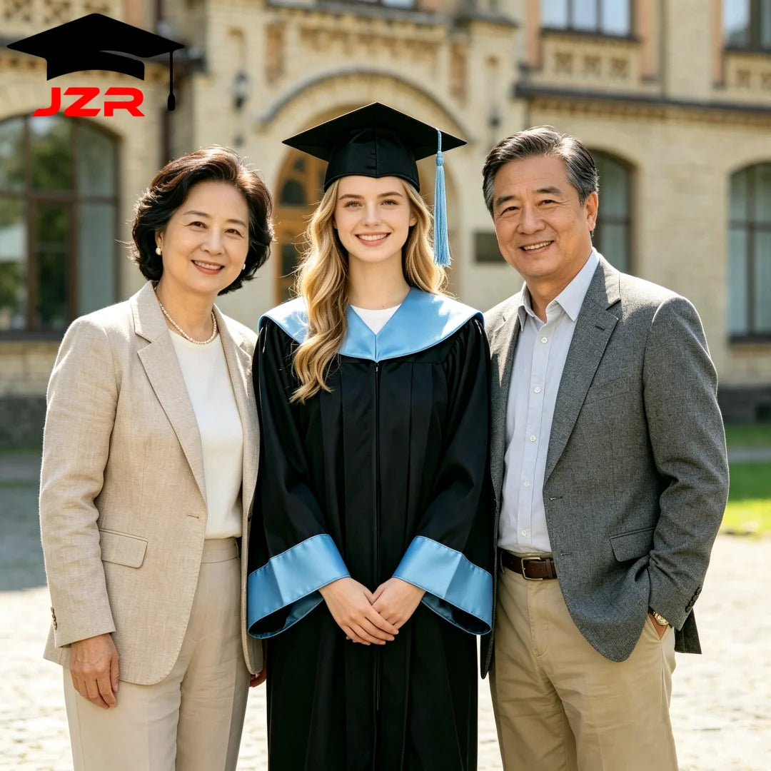 New Model University Bachelor Graduation Gown, Satin Spliced Hood Academic Robe Wholesale