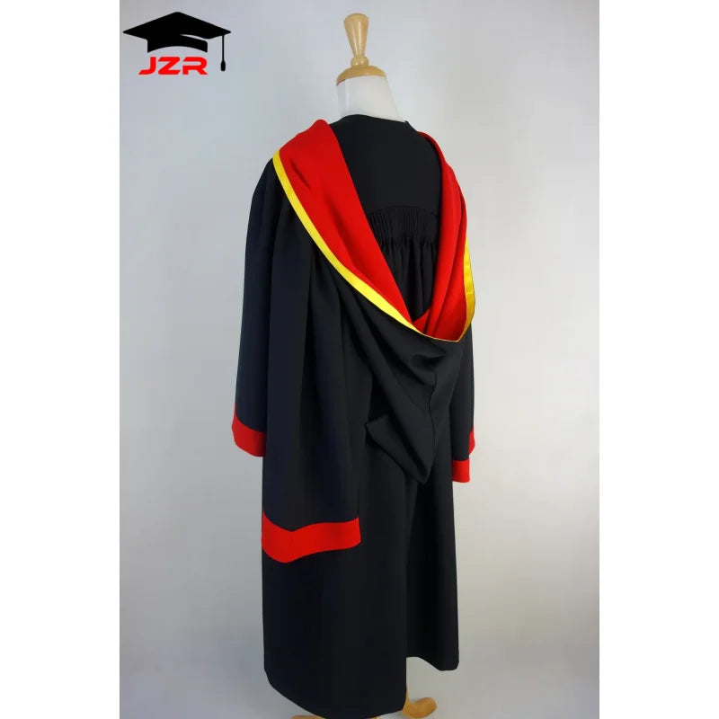 Factory Wholesale Doctoral Masters Graduation Gown with Customized Red and Gold Hood Set