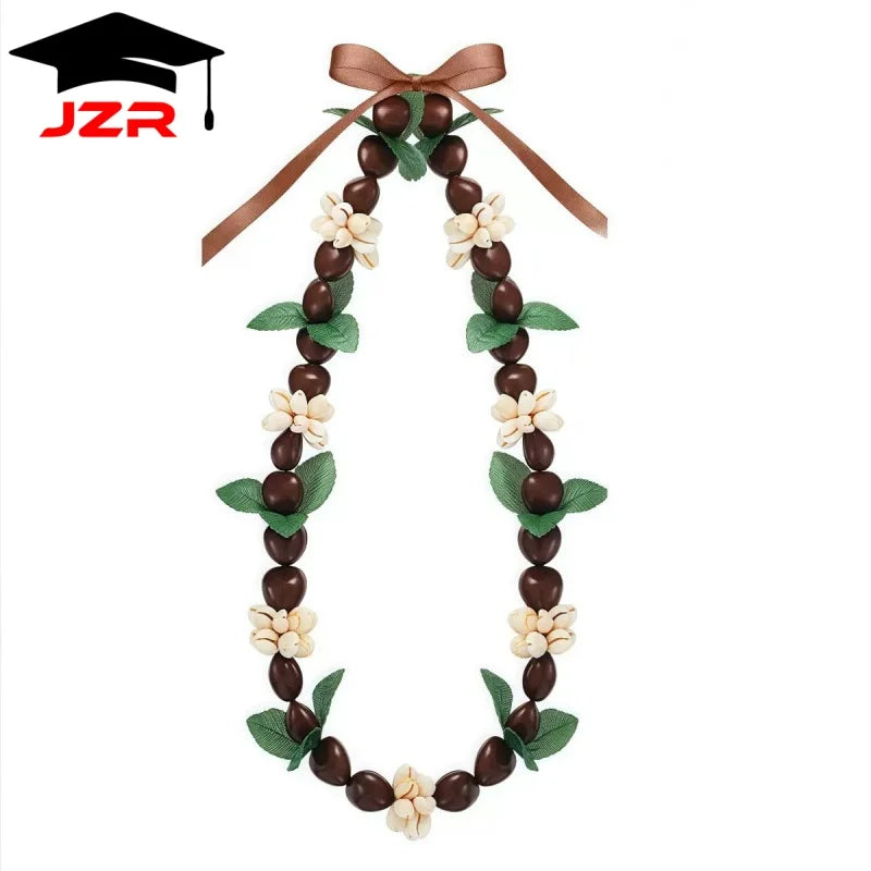 Hawaiian Black Kukui Nut Inspired Lei Acrylic Flower Heart Shell Beads Lei Adjustable Graduation Party Favor