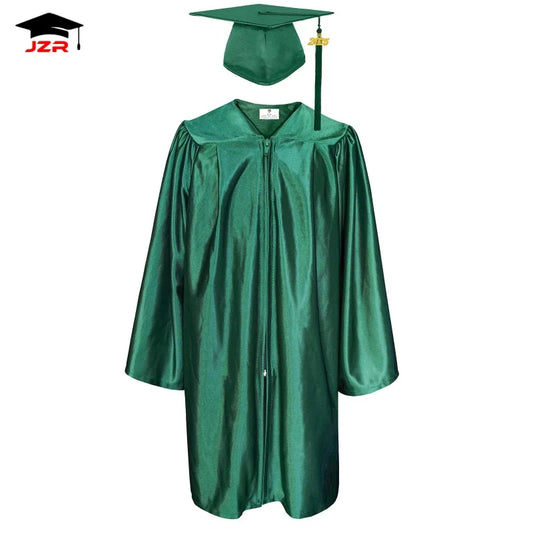 High Quality 100% Polyester Robe Forest Green Shiny Preschool Uniform Kindergarten Graduation Gowns and Cap