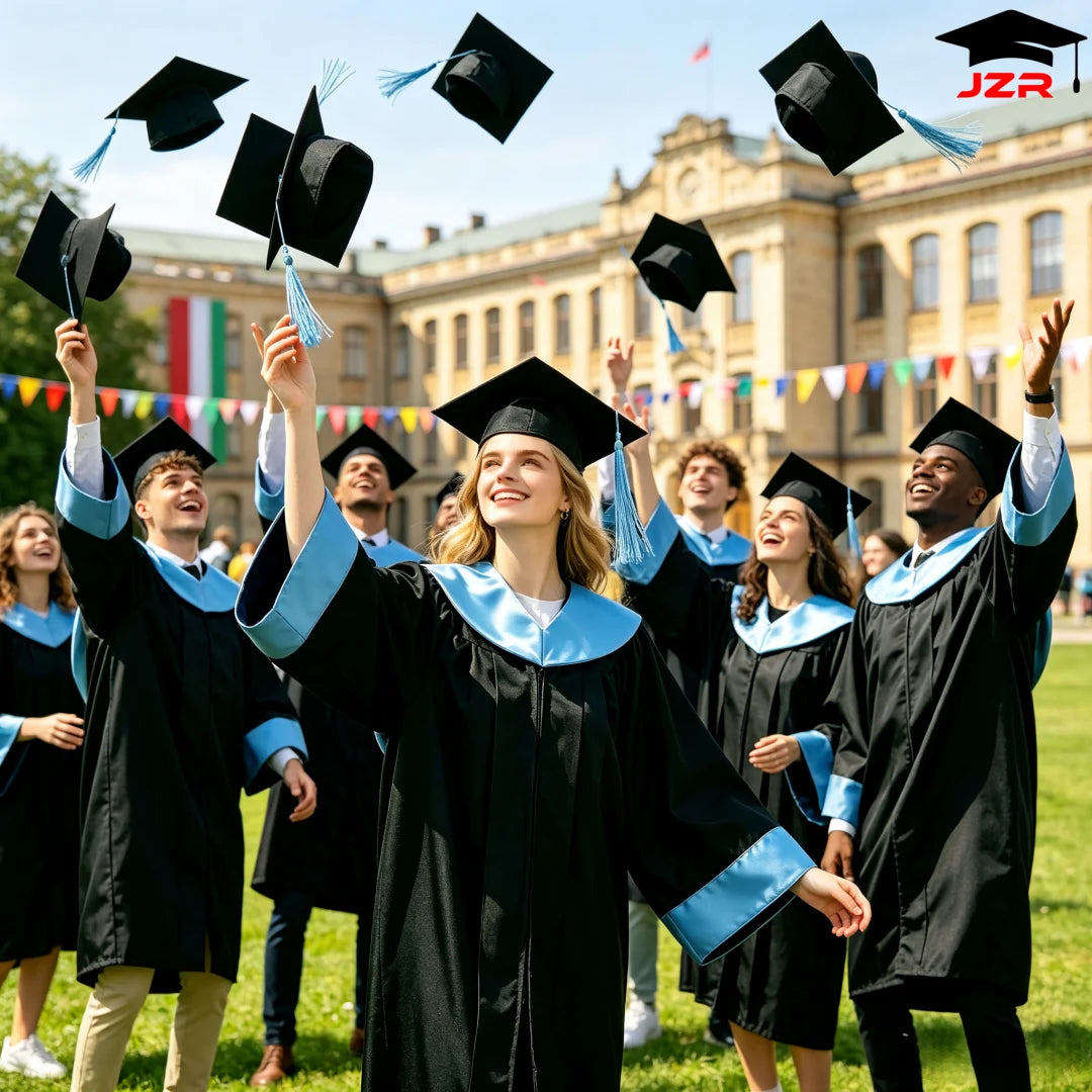 New Model University Bachelor Graduation Gown, Satin Spliced Hood Academic Robe Wholesale