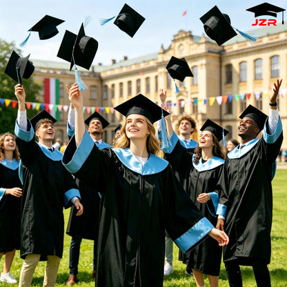 New Model University Bachelor Graduation Gown, Satin Spliced Hood Academic Robe Wholesale
