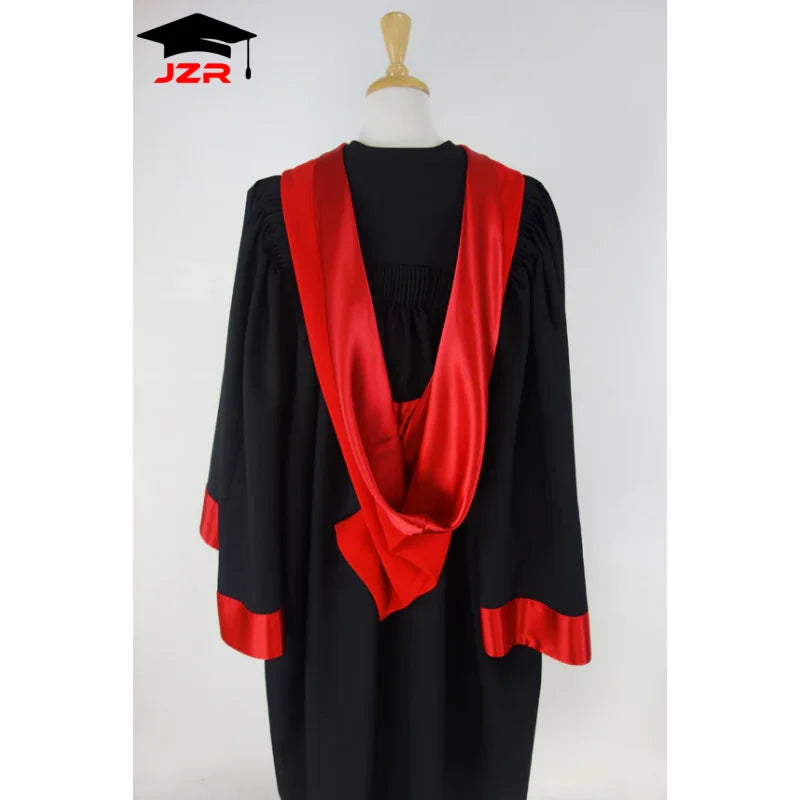 Factory Wholesale Doctoral Masters Graduation Gown with Customized Red and Gold Hood Set