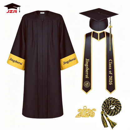 Fashion Adult Graduation Gown with Gold Sleeve Stripes + Printed Stole & Honor Cord