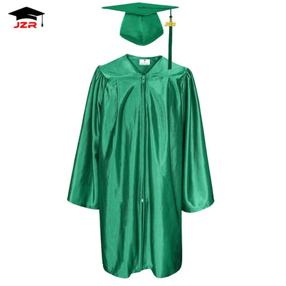High Quality 100% Polyester Robe Forest Green Shiny Preschool Uniform Kindergarten Graduation Gowns and Cap