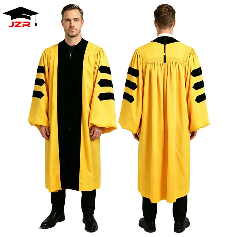 Wholesale Deluxe Hot Sale Yellow Doctoral Graduation Robes PhD Graduation Gown and Tam