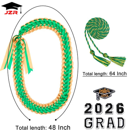 Green and Gold School Color Graduation Leis 2026 Woven Satin Ribbon Collar Decor for Graduation Ceremony