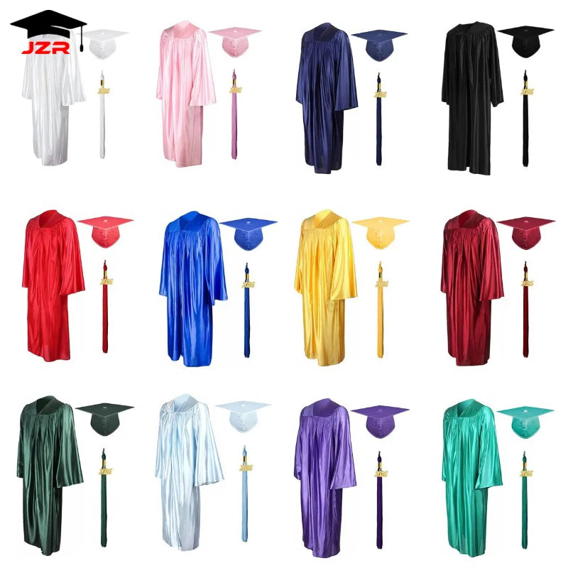 High Quality Royal Blue Shiny Graduation Gown Cap With Tassel Graduation Toga