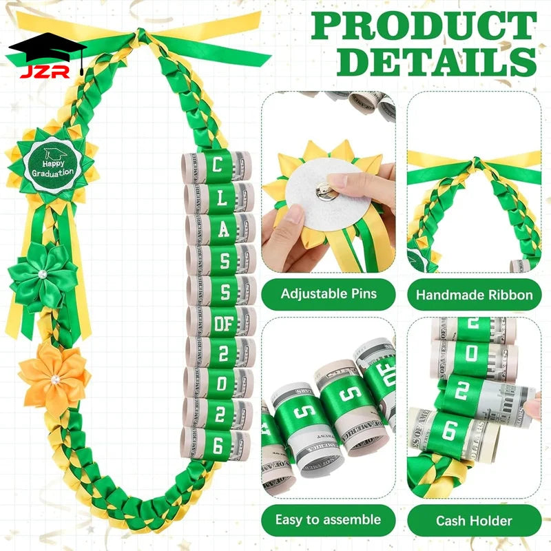 Newest Graduation Gifts Multicolored Polyester Ribbon Lei Hand Woven Braided Graduate Ribbon Leis Flower Necklace Sets