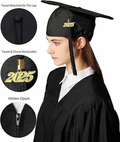 2026 Wholesale Black Adult Matte Uniform Graduation Gown Classic Graduation Gowns With Cap Tassel and Year Charm