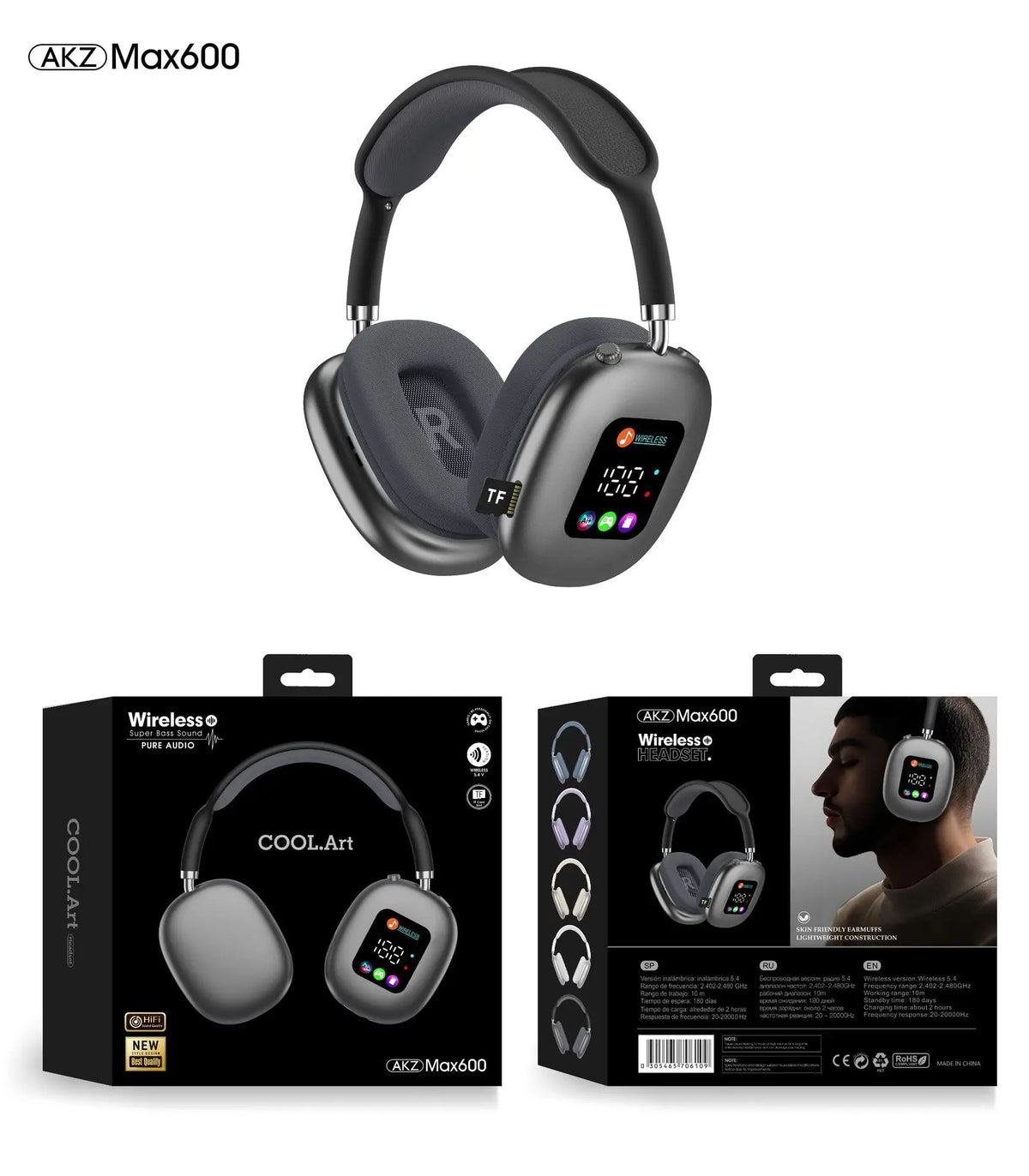 AKZ MAX600 Wireless 5.3 Headphones RGB Digital Display Over-Ear Headset with Microphone Support TF Card Reader for Mobile Phone