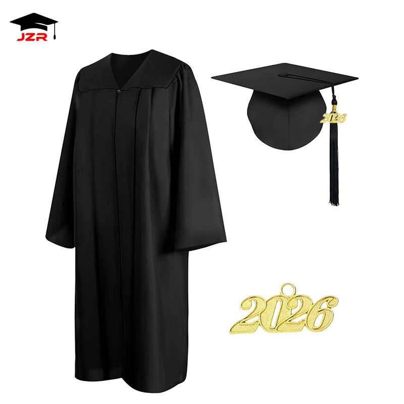 2026 Wholesale Black Adult Matte Uniform Graduation Gown Classic Graduation Gowns With Cap Tassel and Year Charm
