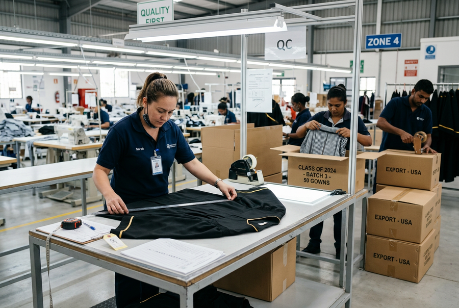 Quality control inspection of a graduation gown