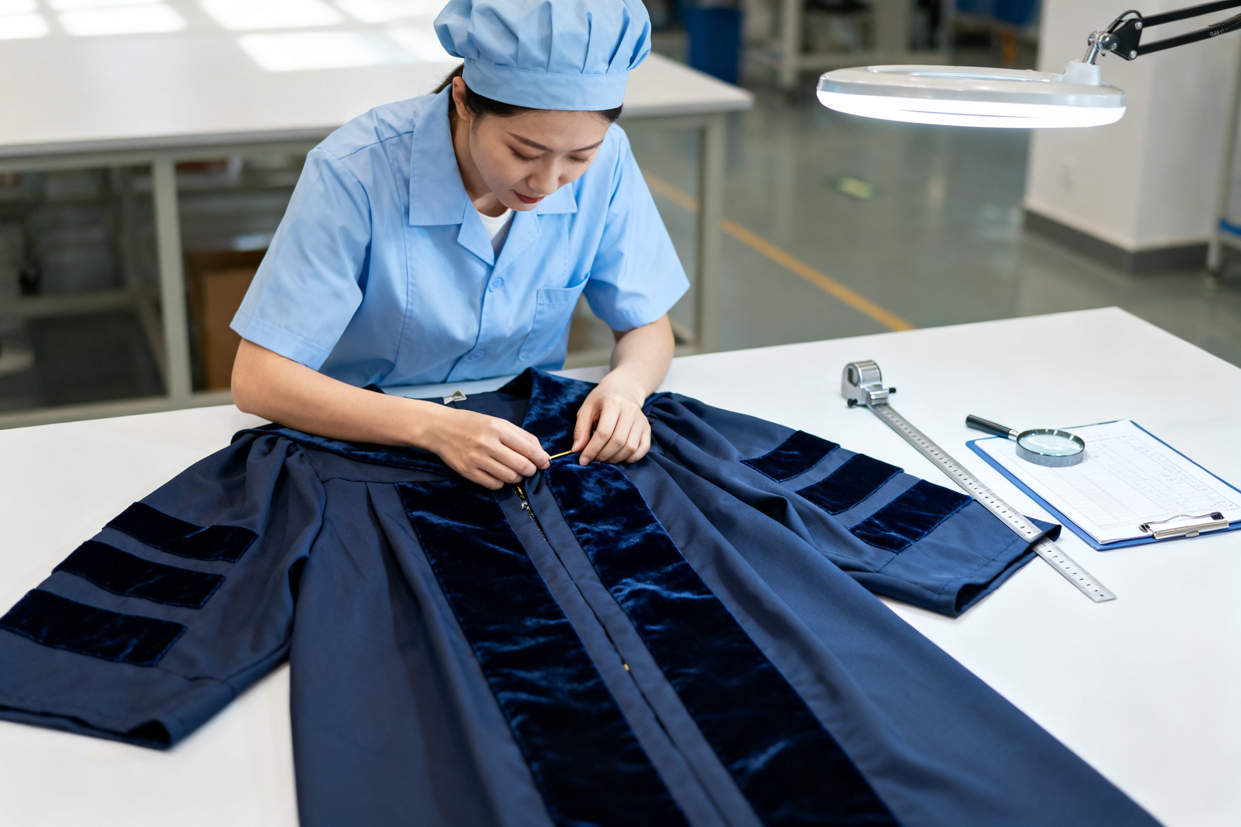 Quality control inspection of a graduation gown